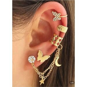 Ear Cuff Set Gold Butterfly Star‎ Moon Dangle Chain Clip On Earrings